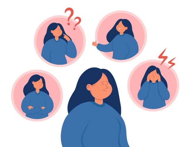 Diagram showing a woman thinking about seeking help from a mental health specialist
